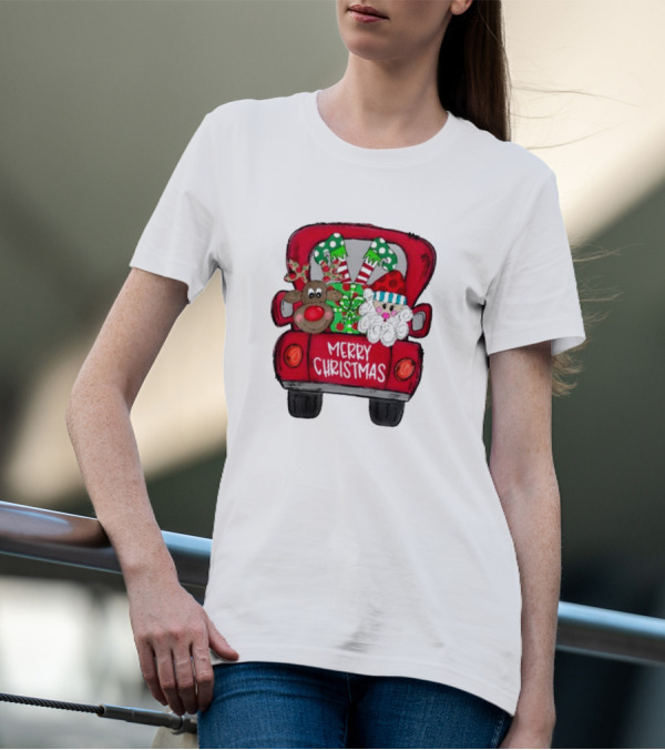 Merry Christmas Santa And Reindeer With Presents In Truck T-Shirt