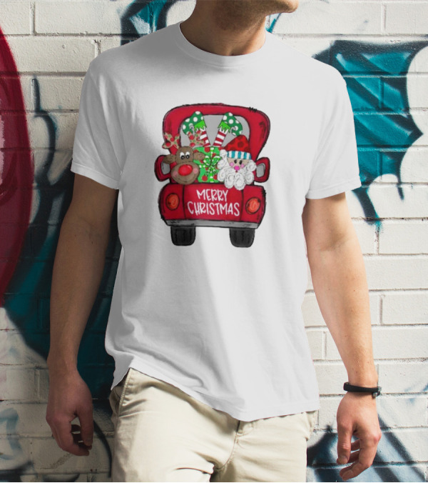 Merry Christmas Santa And Reindeer With Presents In Truck T-Shirt