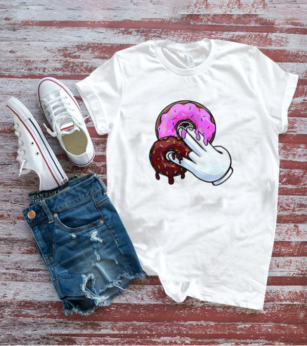 Funnyahhtees Pink And Brown Donuts With Cartoon Glove Hand T-Shirt