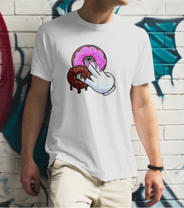 Funnyahhtees Pink And Brown Donuts With Cartoon Glove Hand T-Shirt