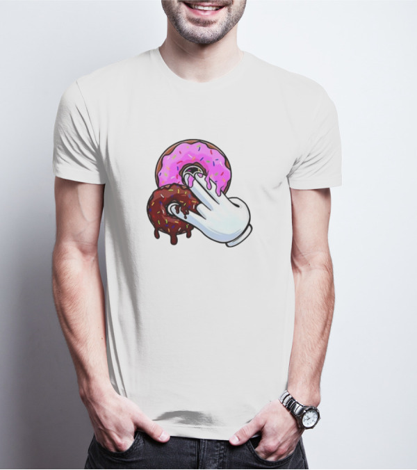 Funnyahhtees Pink And Brown Donuts With Cartoon Glove Hand T-Shirt