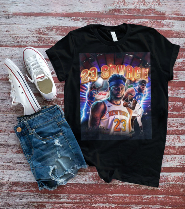 New York Knicks 23 Savage Mitchell Robinson Stadium Lightning Background T-Shirt