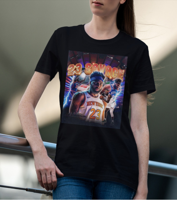 New York Knicks 23 Savage Mitchell Robinson Stadium Lightning Background T-Shirt