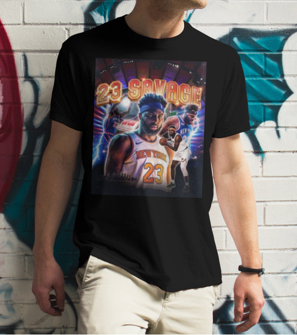 New York Knicks 23 Savage Mitchell Robinson Stadium Lightning Background T-Shirt