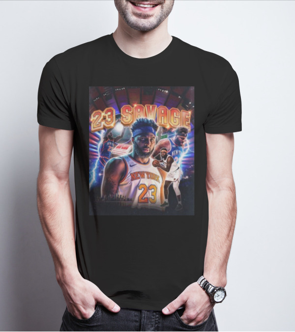 New York Knicks 23 Savage Mitchell Robinson Stadium Lightning Background T-Shirt