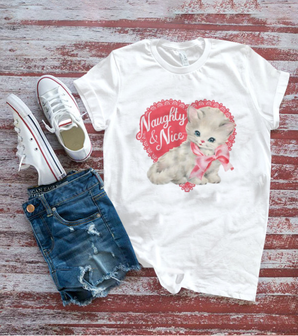 Nessa Barrett Store Naughty And Nice Kitten Heart Bow T-Shirt