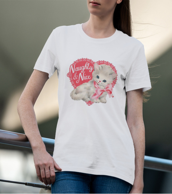 Nessa Barrett Store Naughty And Nice Kitten Heart Bow T-Shirt