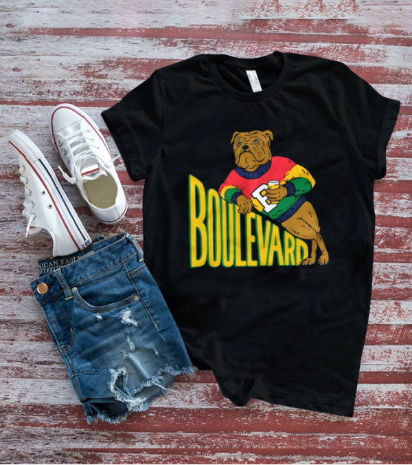 Boulevard Bully Dog In Colorful Sweater Holding Drink T-Shirt