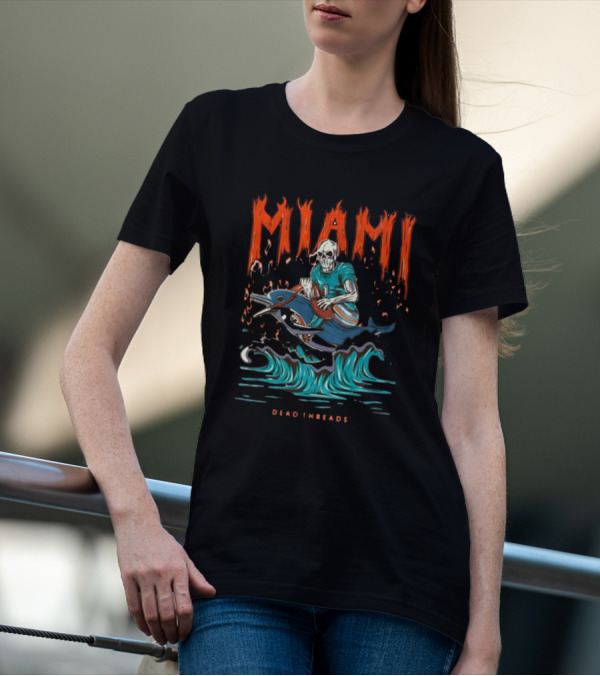 MIAMI Dead Threads Skeleton Surfer On Dolphin Football Adventure T-Shirt