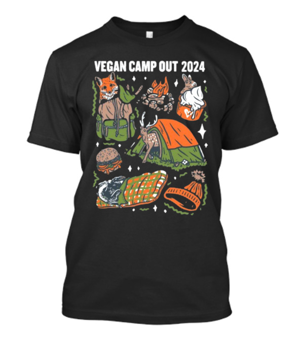 Vegan Camp Out 2024 Forest Animals Tent Campfire Deer Burger Sleeping Bag Beanie T-Shirt