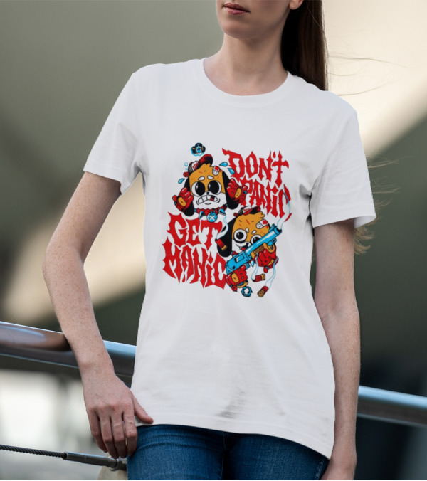 Don't Panic Get Manic Cartoon Characters With Colorful Styling And Playful T-Shirt