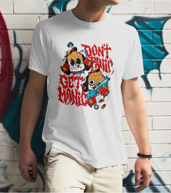 Don't Panic Get Manic Cartoon Characters With Colorful Styling And Playful T-Shirt