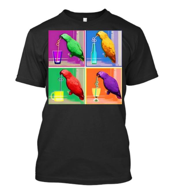 Apolloandfrens Suck Bird Colorful Pop Art Parrot Drinking From Straws T-Shirt