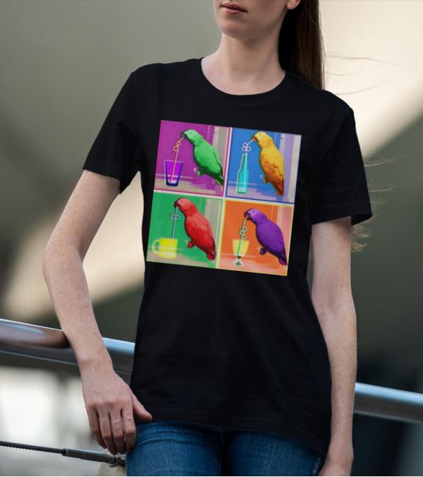 Apolloandfrens Suck Bird Colorful Pop Art Parrot Drinking From Straws T-Shirt