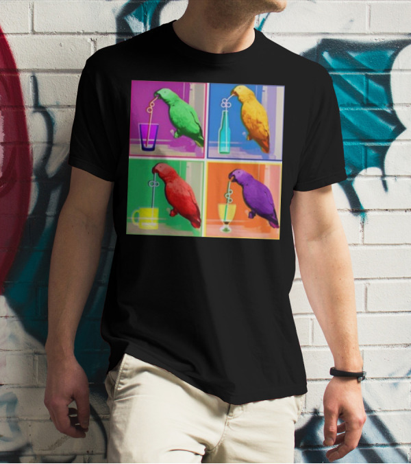 Apolloandfrens Suck Bird Colorful Pop Art Parrot Drinking From Straws T-Shirt