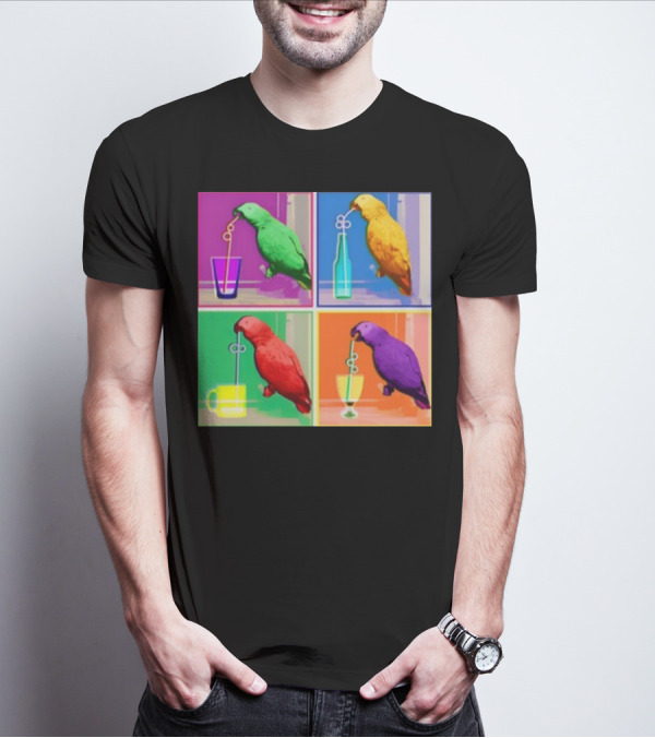 Apolloandfrens Suck Bird Colorful Pop Art Parrot Drinking From Straws T-Shirt