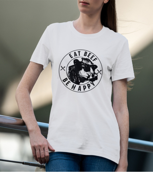 Dr Shawn Baker Eat Beef Be Happy Cow Illustration With Crossed Utensils T-Shirt