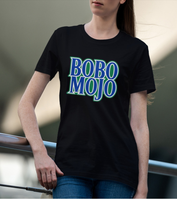 BOBO MOJO Retro Bold Blue And Green Text T-Shirt