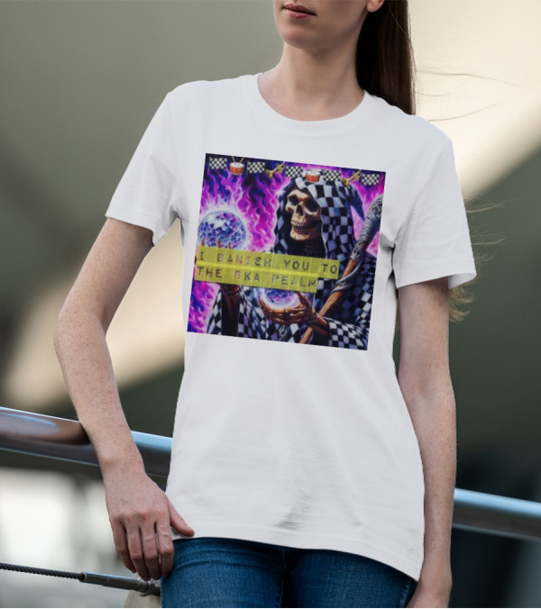 I Banish You To The Ska Realm With Skeleton Holding Disco Balls And Checkered T-Shirt