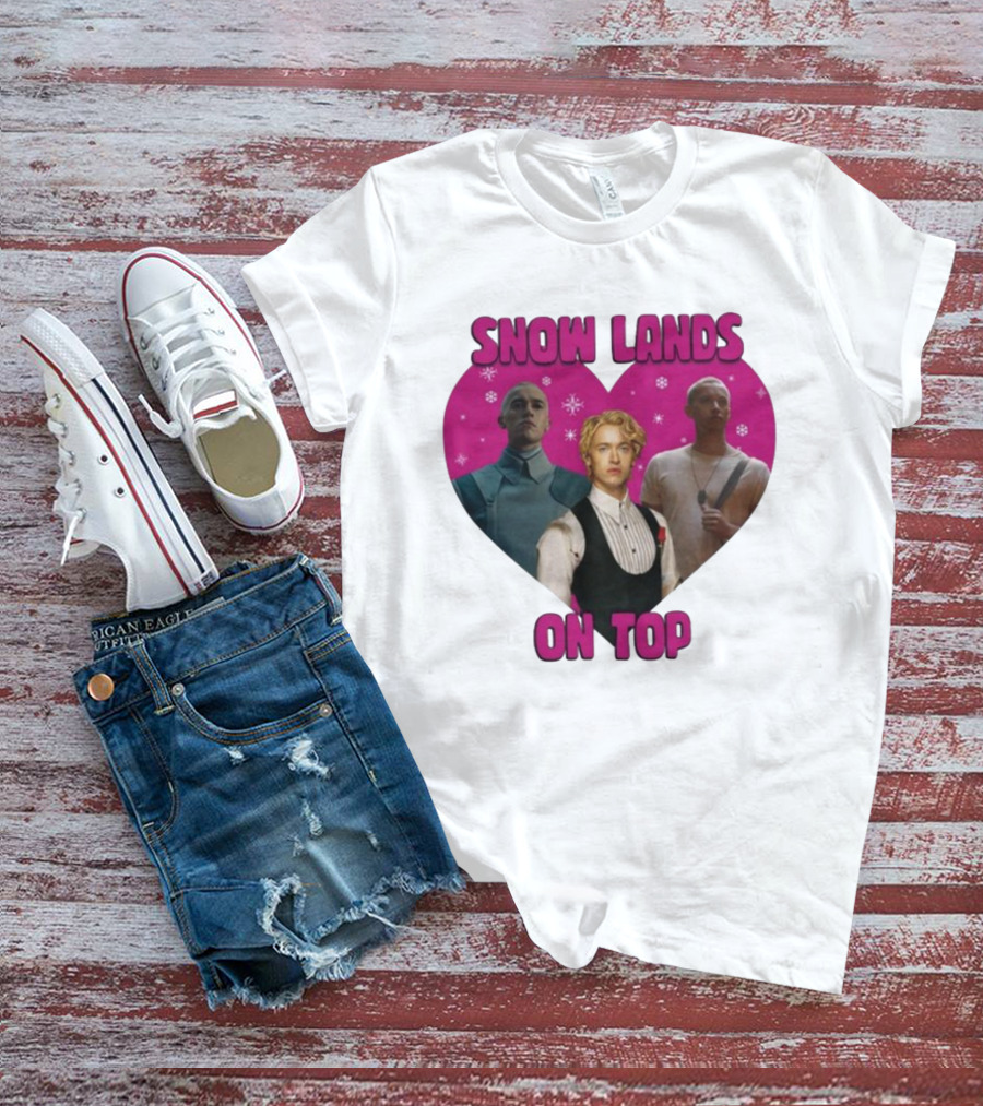 Snow Lands On Top Heart Pink Background Snowflakes T-Shirt