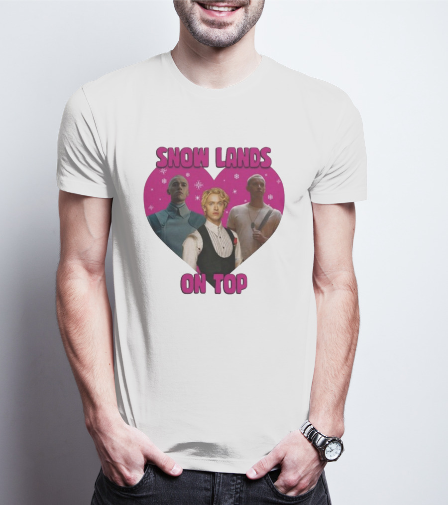 Snow Lands On Top Heart Pink Background Snowflakes T-Shirt