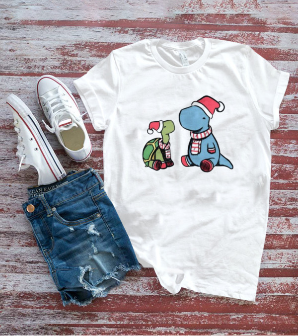 Christmas Tortoise And Dino Santa Hats And Scarves T-Shirt
