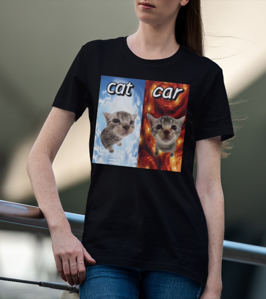 Cringeytees Cat Car Kitten Showdown Sky Vs Swirl Background T-Shirt