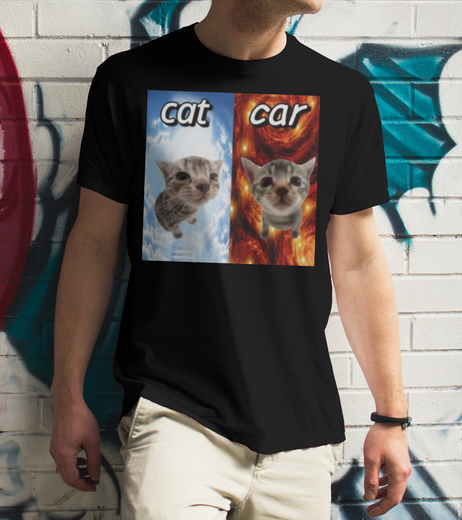 Cringeytees Cat Car Kitten Showdown Sky Vs Swirl Background T-Shirt