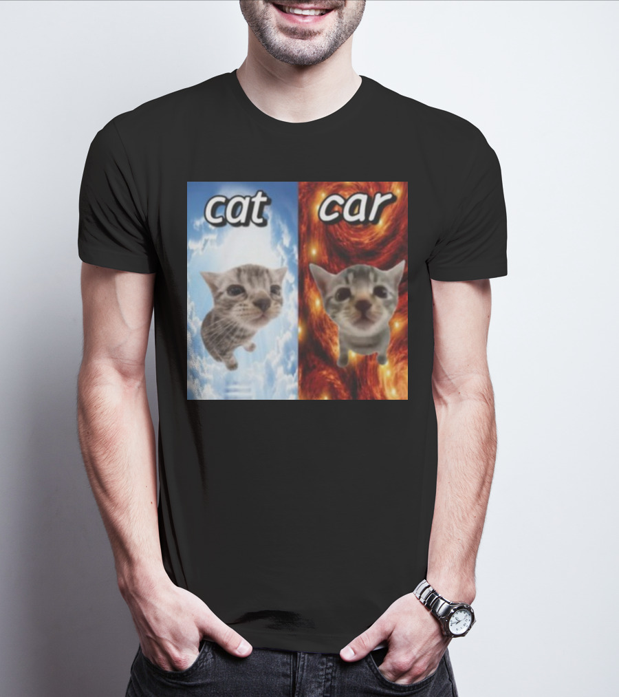 Cringeytees Cat Car Kitten Showdown Sky Vs Swirl Background T-Shirt