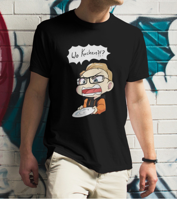 Wo Kuchen?? Comic Character Holding Empty Plate T-Shirt