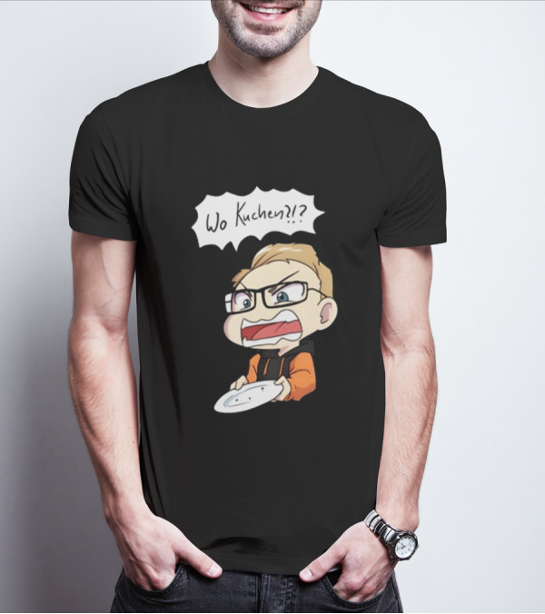 Wo Kuchen?? Comic Character Holding Empty Plate T-Shirt
