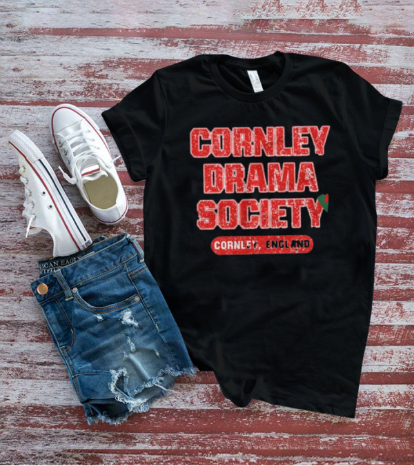 Cornley Drama Society England Red Distressed Text With Holly Leaf T-Shirt