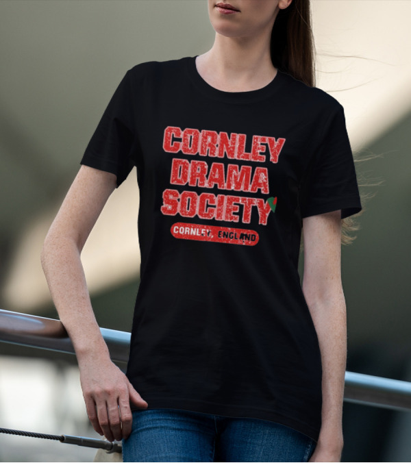 Cornley Drama Society England Red Distressed Text With Holly Leaf T-Shirt