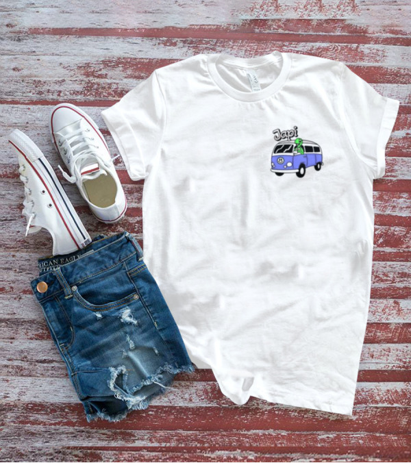 Japi Alien Character Surfer Riding Blue Peace Bus T-Shirt