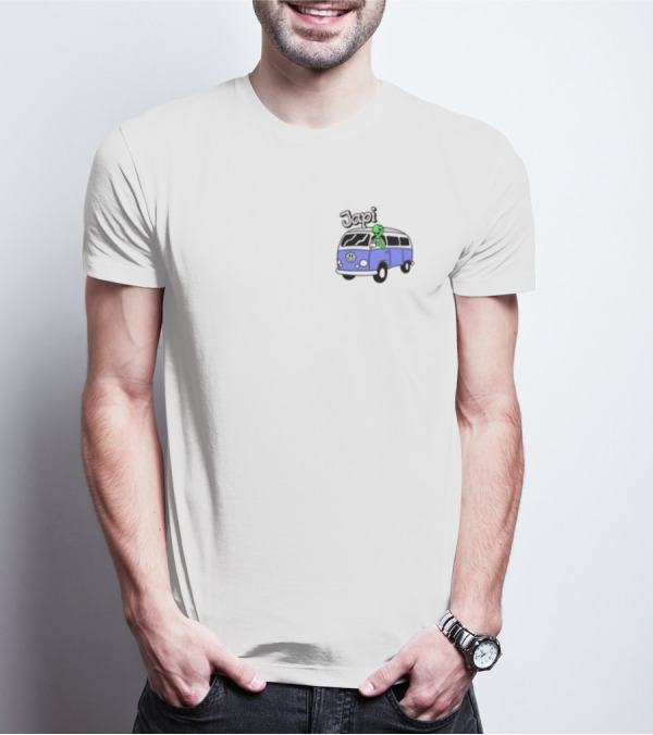 Japi Alien Character Surfer Riding Blue Peace Bus T-Shirt