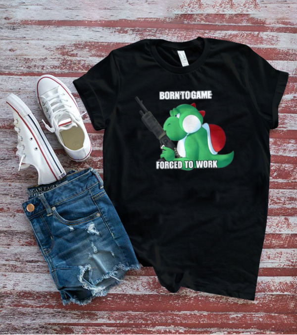 Born To Game Forced To Work Green Dinosaur Headphones Gaming Character T-Shirt