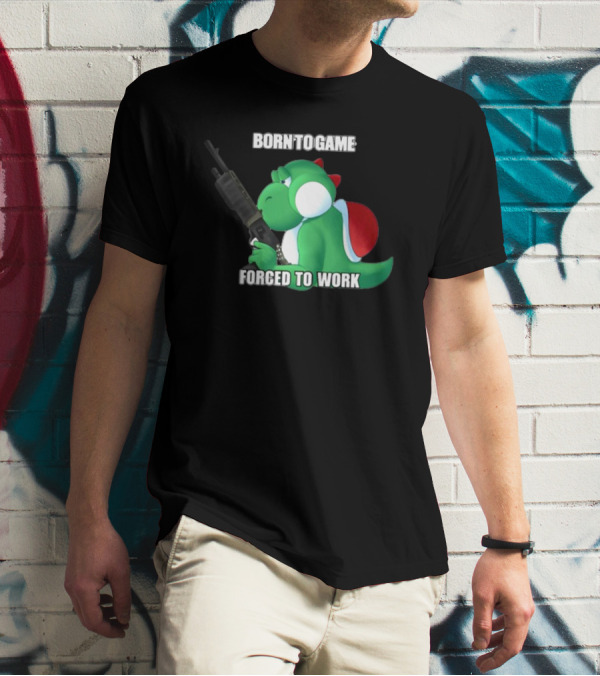 Born To Game Forced To Work Green Dinosaur Headphones Gaming Character T-Shirt