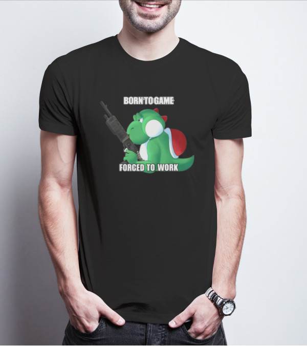 Born To Game Forced To Work Green Dinosaur Headphones Gaming Character T-Shirt