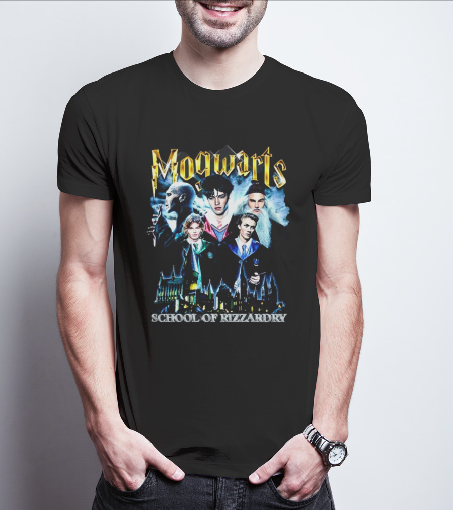 Mogwarts School Of Rizzardry Hogwarts Parody Featuring Iconic Wizard Figures And Castle T-Shirt