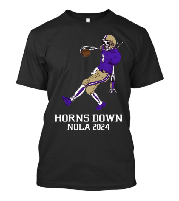 Horns Down Nola 2024 Skeleton Football Player T-Shirt