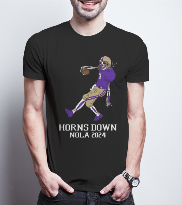 Horns Down Nola 2024 Skeleton Football Player T-Shirt
