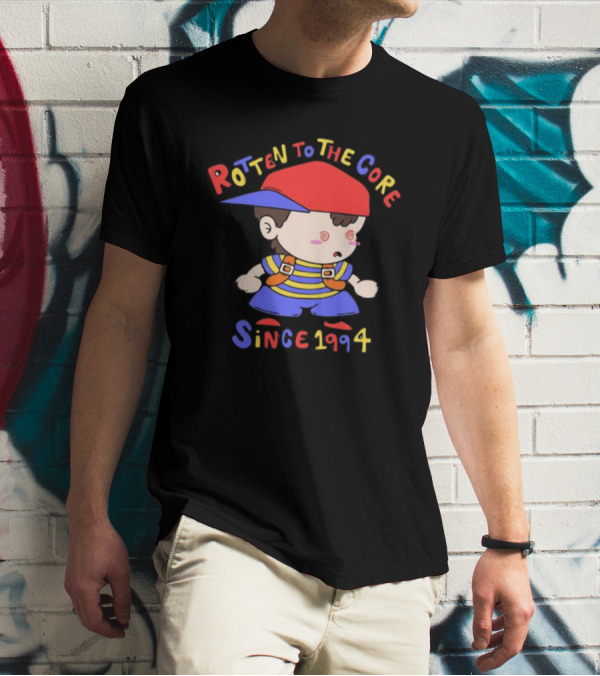Rotten To The Core Since 1994 Cartoon Character With Red Cap And Striped T-Shirt