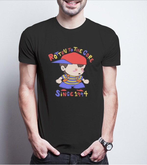 Rotten To The Core Since 1994 Cartoon Character With Red Cap And Striped T-Shirt