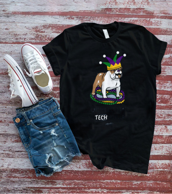 Laissez Les Bons Tech Rouler Bulldog With Mardi Gras Beads And Jester Hat Glitch T-Shirt