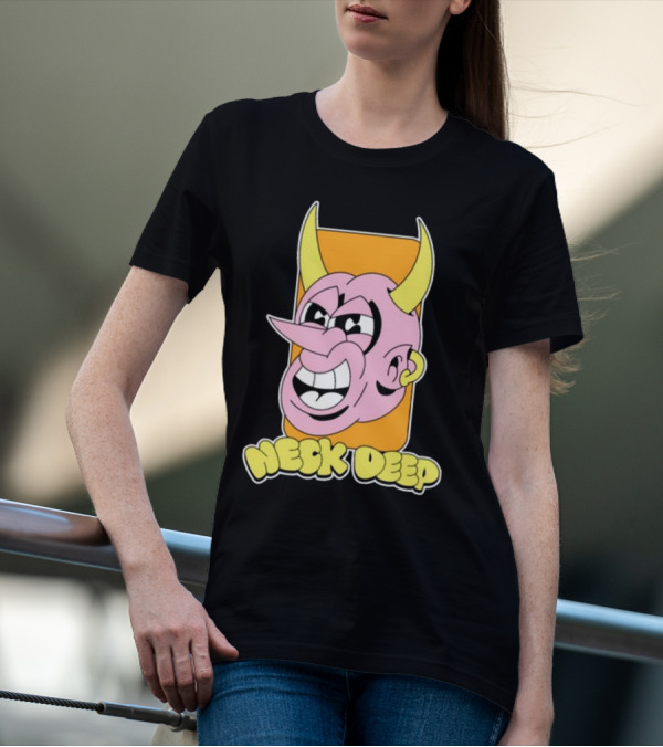 NeckDeepUK Neck Deep Cartoon Devil Face Yellow Horns Pink Head T-Shirt