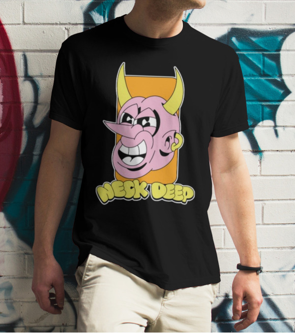 NeckDeepUK Neck Deep Cartoon Devil Face Yellow Horns Pink Head T-Shirt