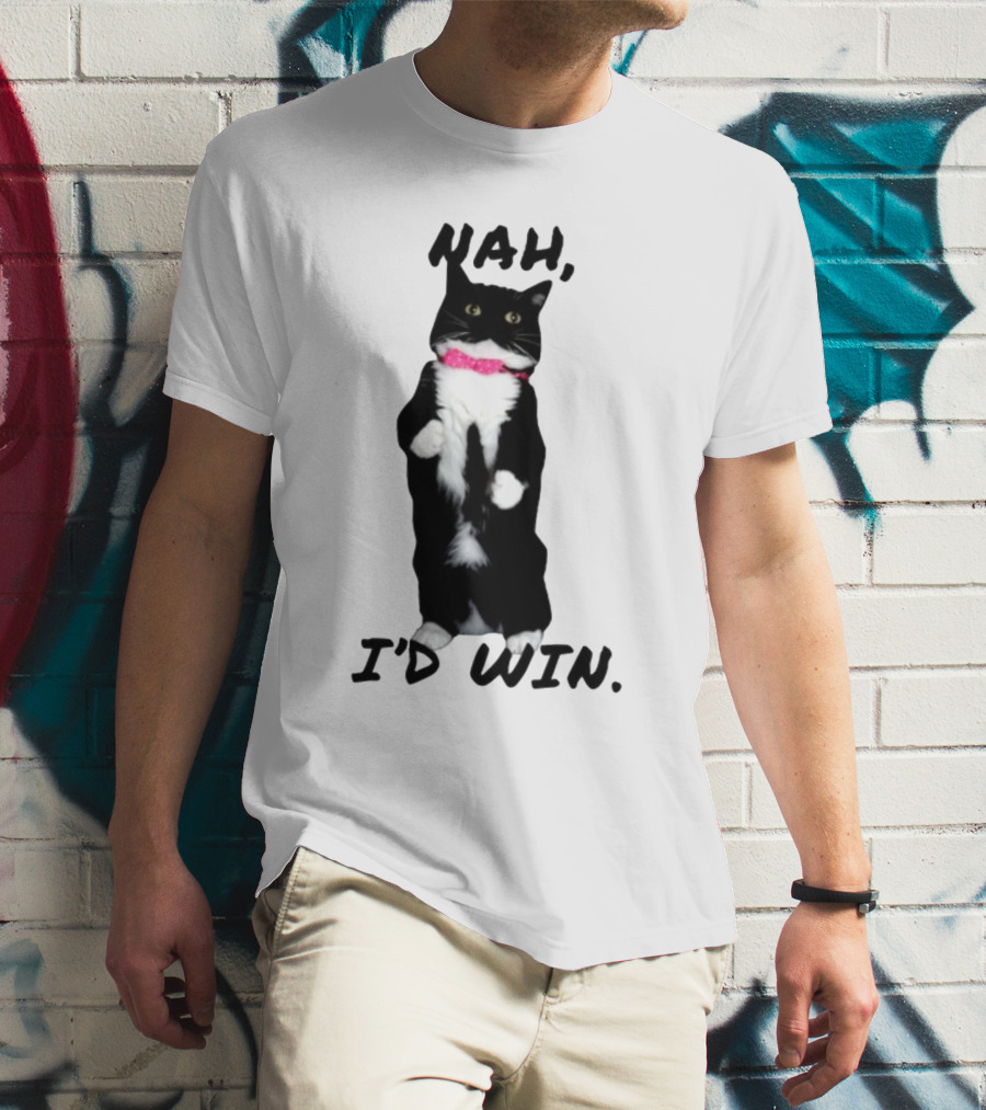 Nah I'd Win Black And White Cat With Pink Bow Tie T-Shirt