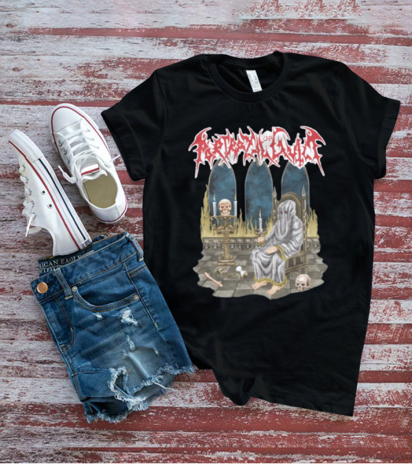 Portrayal Of Guilt Eyedust Cloaked Figure With Skull Throne And Candles T-Shirt