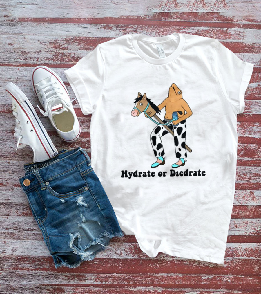Hydrate Or Diedrate Frog Head On Human Riding Stick Horse With Cow Pants And Water Bottle T-Shirt