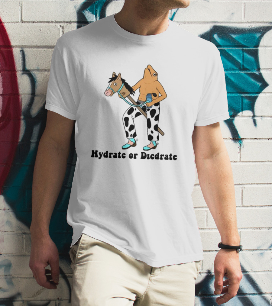 Hydrate Or Diedrate Frog Head On Human Riding Stick Horse With Cow Pants And Water Bottle T-Shirt